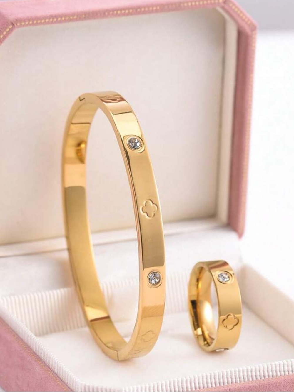 Gold Clover Accent Bangle and Ring Set